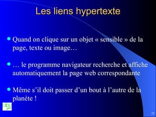 Les liens hypertexte Quand on clique sur un objet « sensible » de la page, texte ou image… …  le programme navigateur recherche et affiche automatiquement la page web correspondante Même s’il doit passer d’un bout à l’autre de la planète ! 