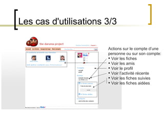 Les cas d'utilisations 3/3 Actions sur le compte d’une personne ou sur son compte: Voir les fiches Voir les amis Voir le profil Voir l’activité récente Voir les fiches suivies Voir les fiches aidées 