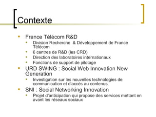 Contexte France Télécom R&D Division Recherche  & Développement de France Télécom 6 centres de R&D (les CRD) Direction des laboratoires internationaux Fonctions de support de pilotage URD SWING : Social Web Innovation New Generation Investigation sur les nouvelles technologies de communication et d'accès au contenus SNI : Social Networking Innovation Projet d'anticipation qui propose des services mettant en avant les réseaux sociaux 