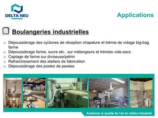 Boulangeries industrielles
o Dépoussiérage des cyclones de réception chapelure et trémie de vidage big-bag
farine
o Dépoussiérage farine, sucre etc.. sur mélangeurs et trémies vide-sacs
o Captage de farine sur diviseuse/pétrin
o Rafraichissement des ateliers de fabrication
o Dépoussiérage des postes de pesées
Applications
 
