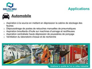 Automobile
o Aspiration à la source en mettant en dépression la cabine de stockage des
feutres
o Dépoussiérage de postes de retouches manuelles de pneumatiques
o Aspiration brouillards d’huile sur machines d’usinage et rectifieuses
o Aspiration centralisée haute dépression de poussières de ponçage
o Ventilation du laboratoire d’essai et de recherche
Applications
 