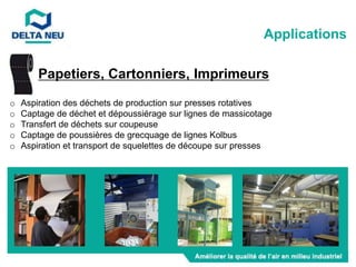 Papetiers, Cartonniers, Imprimeurs
o Aspiration des déchets de production sur presses rotatives
o Captage de déchet et dépoussiérage sur lignes de massicotage
o Transfert de déchets sur coupeuse
o Captage de poussières de grecquage de lignes Kolbus
o Aspiration et transport de squelettes de découpe sur presses
Applications
 
