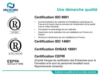 Certification ISO 9001
• Commercialisation de matériels et d’installations aérauliques en
France et à l’export dans le domaine de l’amélioration de la qualité
d’air en milieu industriel.
• Conception et assemblage de ces matériels.
• Supervision de la réalisation de ces installations en France et à
l’export.
• Service et maintenance de ces installations en France.
Certification ISO 14001
Certification OHSAS 18001
Certification CEFRI
(Comité français de certification des Entreprises pour la
Formation et le suivi du personnel travaillant sous
Rayonnements Ionisants)
Une démarche qualité
 