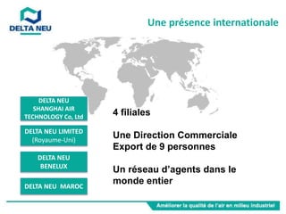DELTA NEU
BENELUX
DELTA NEU LIMITED
(Royaume-Uni)
DELTA NEU
SHANGHAI AIR
TECHNOLOGY Co, Ltd
DELTA NEU MAROC
Une présence internationale
4 filiales
Une Direction Commerciale
Export de 9 personnes
Un réseau d’agents dans le
monde entier
 
