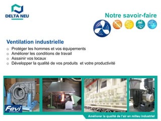 o Protéger les hommes et vos équipements
o Améliorer les conditions de travail
o Assainir vos locaux
o Développer la qualité de vos produits et votre productivité
Ventilation industrielle
Notre savoir-faire
 
