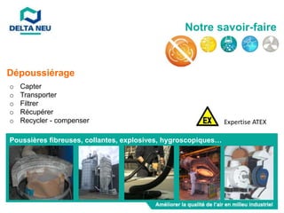 Poussières fibreuses, collantes, explosives, hygroscopiques…
o Capter
o Transporter
o Filtrer
o Récupérer
o Recycler - compenser
Dépoussiérage
Notre savoir-faire
Expertise ATEX
 