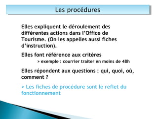 Les procédures Elles expliquent le déroulement des différentes actions dans l’Office de Tourisme. (On les appelles aussi fiches d’instruction). Elles font référence aux critères > exemple : courrier traiter en moins de 48h Elles répondent aux questions : qui, quoi, où, comment ? > Les fiches de procédure sont le reflet du fonctionnement 