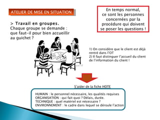 En temps normal, ce sont les personnes concernées par la procédure qui doivent se poser les questions ! ATELIER DE MISE EN SITUATION > Travail en groupes. Chaque groupe se demande : que faut-il pour bien accueillir au guichet ? 1) On considère que le client est déjà rentré dans l’OT 2) Il faut distinguer l’accueil du client de l’information du client ! S’aider de la fiche HOTE HUMAIN : le personnel nécessaire, les qualités requises ORGANISATION : qui fait quoi ? Délais, durée. TECHNIQUE : quel matériel est nécessaire ? ENVIRONNEMENT : le cadre dans lequel se déroule l’action 