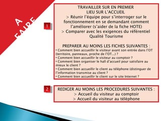 A FAIRE TRAVAILLER SUR EN PREMIER  LIEU SUR L’ACCUEIL  > Réunir l’équipe pour s’interroger sur le fonctionnement en se demandant comment l’améliorer (s’aider de la fiche HOTE) > Comparer avec les exigences du référentiel  Qualité Tourisme PREPARER AU MOINS LES FICHES SUIVANTES : Comment bien accueillir le visiteur avant son entrée dans l’OT (territoire, panneaux, proche de l’OT...) ? Comment bien accueillir le visiteur au comptoir ? Comment bien organiser le hall d’accueil pour satisfaire au mieux le client ? Comment bien accueillir le client au téléphone (distinguer de l’information transmise au client ? Comment bien accueillir le client sur le site Internet ? REDIGER AU MOINS LES PROCEDURES SUIVANTES : > Accueil du visiteur au comptoir > Accueil du visiteur au téléphone 1 2 