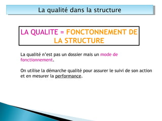 LA QUALITE =  FONCTONNEMENT DE LA STRUCTURE La qualité n’est pas un dossier mais un  mode de fonctionnement . On utilise la démarche qualité pour assurer le suivi de son action et en mesurer la  performance .  La qualité dans la structure 