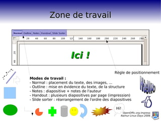 Zone de travail Ici ! Hello Hi! Modes de travail : - Normal : placement du texte, des images, ... - Outline : mise en évidence du texte, de la structure - Notes : diapositive + notes de l'auteur - Handout : plusieurs diapositives par page (impression) - Slide sorter : réarrangement de l'ordre des diapositives Règle de positionnement 