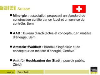 Suisse Minergie :  association proposant un standard de construction certifié par un label et un service de contrôle, Bern AAB :  Bureau d’architectes et concepteur en matière d’énergie, Bern Amstein+Walthert :  bureau d’ingénieur et de concepteur en matière d’énergie, Genève Amt für Hochbauten der Stadt :  pouvoir public, Zürich page  