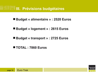 III.  Prévisions budgétaires Budget « alimentaire » : 2520 Euros Budget « logement » : 2615 Euros Budget « transport » : 2725 Euros TOTAL : 7860 Euros  page  