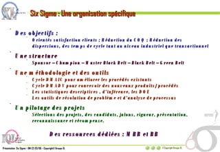Six Sigma : Une organisation spécifique  Des objectifs : Orientés satisfaction clients ; Réduction du COQ ; Réduction des dispersions, des temps de cycle tant au niveau industriel que transactionnel Une structure Sponsor – Champion – Master Black Belt – Black Belt – Green Belt Une méthodologie et des outils Cycle DMAIC pour améliorer les procédés existants Cycle DMADV pour concevoir des nouveaux produits/procédés Les statistiques descriptives , d’inférence, les DOE Les outils de résolution de problème et d’analyse de processus Un pilotage des projets Sélections des projets, des candidats, jalons, rigueur, présentation, reconnaissance et récompense. Des ressources dédiées : MBB et BB 