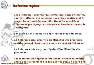 Les dirigeants – superviseurs, directeurs, chefs de service, cadres –  allouent des ressources au projet, soutiennent le projet, fournissent des conseils,  fixent les priorités et s’assurent que le projet est adapté aux besoins critiques de l’entreprise. Les champions assurent le déploiement de la démarche. La Ceinture noire, expert en amélioration des processus (outils, concept et pratique), assure un support technique, La Ceinture verte dirige une équipe d’amélioration des processus. Les membres de l’équipe interviennent selon le calendrier prévu dans la charte et à la demande du Black / Green Belt. Les fonctions requises 
