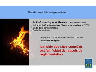 Dans le respect de la réglementation  Loi Informatique et libertés   (1978, revue 2004) Loi pour la Confiance dans l’économie numérique  (2004) Code de la consommation Code du tourisme Enquête DGCCRF second semestre 2006 sur  l’hôtellerie en ligne :   la moitié des sites contrôlés ont fait l’objet de rappels de réglementation 