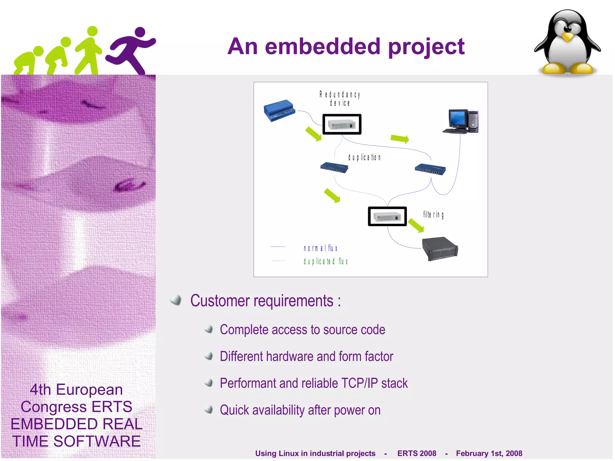 An embedded project Customer requirements : Complete access to source code Different hardware and form factor Performant and reliable TCP/IP stack Quick availability after power on 