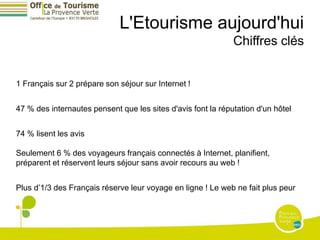 L'Etourisme aujourd'hui
                                                              Chiffres clés


1 Français sur 2 prépare son séjour sur Internet !


47 % des internautes pensent que les sites d'avis font la réputation d'un hôtel


74 % lisent les avis

Seulement 6 % des voyageurs français connectés à Internet, planifient,
préparent et réservent leurs séjour sans avoir recours au web !


Plus d’1/3 des Français réserve leur voyage en ligne ! Le web ne fait plus peur
 
