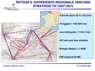 RETOUR D ’EXPERIENCE REGIONALE 2000-2006 STRATEGIE TIC 2007-2013 4 M hab (dont 38 % <25 ans) 10 agglos > 100 000 hab une métropole > 1 M d ’hab 4/5 hab sont des citadins Budget Région 1.3 Md€ PIB régional 84 M€ 
