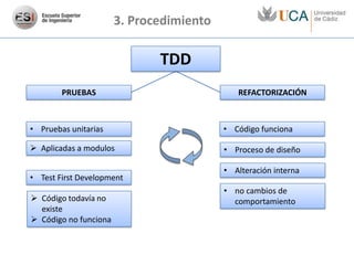 3. Procedimiento

                              TDD
        PRUEBAS                              REFACTORIZACIÓN



• Pruebas unitarias                       • Código funciona

 Aplicadas a modulos                     • Proceso de diseño

                                          • Alteración interna
• Test First Development
                                          • no cambios de
 Código todavía no                         comportamiento
  existe
 Código no funciona
 