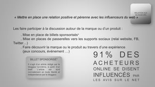 RELATION AUX
BLOGGEURS
BILLET SPONSORISÉ*
Il s’agit d’un article rédigé par le
bloggeur lui-même, à partir d’un
brief. L’article est écrit
normalement en toute liberté et
indépendance par le bloggeur.
« Mettre en place une relation positive et pérenne avec les influenceurs du web »
Les faire participer à la discussion autour de la marque ou d’un produit :
. Mise en place de billets sponsorisés*
. Mise en places de passerelles vers les supports sociaux (relai website, FB,
Twitter…)
. Faire découvrir la marque ou le produit au travers d’une expérience
(jeux concours, événement …)
9 1 % D E S
A C H E T E U R S
ONLINE SE DISENT
INFLUENCÉS PAR
L E S AV I S S U R L E N E T
 