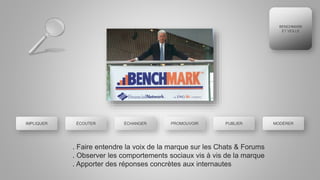 BENCHMARK
ET VEILLE
. Faire entendre la voix de la marque sur les Chats & Forums
. Observer les comportements sociaux vis à vis de la marque
. Apporter des réponses concrètes aux internautes
PROMOUVOIR PUBLIER MODÉRERIMPLIQUER ÉCOUTER ÉCHANGER
 