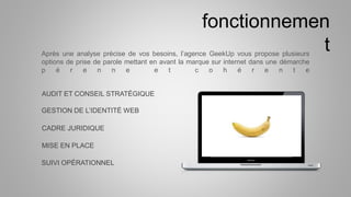 Après une analyse précise de vos besoins, l’agence GeekUp vous propose plusieurs
options de prise de parole mettant en avant la marque sur internet dans une démarche
p é r e n n e e t c o h é r e n t e
AUDIT ET CONSEIL STRATÉGIQUE
SUIVI OPÉRATIONNEL
CADRE JURIDIQUE
MISE EN PLACE
GESTION DE L’IDENTITÉ WEB
fonctionnemen
t
 