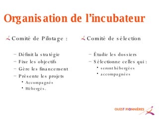 Organisation de l’incubateur Comité de Pilotage : Définit la stratégie Fixe les objectifs Gère les financement Présente les projets Accompagnés Hébergés. Comité de sélection Étudie les dossiers  Sélectionne celles qui : seront hébergées accompagnées 