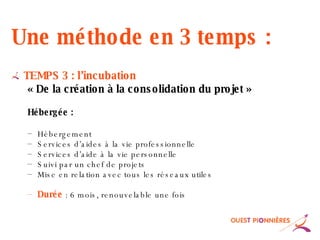 Une méthode en 3 temps : TEMPS 3 : l’incubation « De la création à la consolidation du projet » Hébergée : Hébergement  Services d’aides à la vie professionnelle Services d’aide à la vie personnelle Suivi par un chef de projets Mise en relation avec tous les réseaux utiles Durée   : 6 mois, renouvelable une fois 
