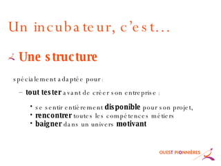 Une structure spécialement adaptée pour  : tout tester  avant de créer son entreprise  : se sentir entièrement  disponible  pour son projet, rencontrer  toutes les compétences métiers baigner  dans un univers  motivant Un incubateur, c’est… 