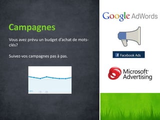 Campagnes
Vous avez prévu un budget d’achat de mots-
clés?

Suivez-vos campagnes pas à pas.
 