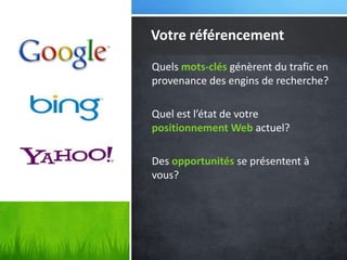Votre référencement
Quels mots-clés génèrent du trafic en
provenance des engins de recherche?

Quel est l’état de votre
positionnement Web actuel?

Des opportunités se présentent à
vous?
 