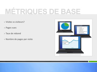 MÉTRIQUES DE BASE
» Visites vs visiteurs?

» Pages vues

» Taux de rebond

» Nombre de pages par visite
 