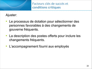 Facteurs clés de succès et
conditions critiques

Ajuster:

• Le processus de dotation pour sélectionner des
personnes favorables à des changements de
gouverne fréquents.

• La description des postes offerts pour inclure les
changements fréquents.

• L’accompagnement fourni aux employés

22

 