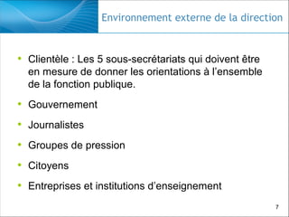 Environnement externe de la direction

• Clientèle : Les 5 sous-secrétariats qui doivent être
en mesure de donner les orientations à l’ensemble
de la fonction publique.

• Gouvernement
• Journalistes
• Groupes de pression
• Citoyens
• Entreprises et institutions d’enseignement
7

 