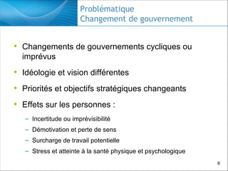 Problématique
Changement de gouvernement

• Changements de gouvernements cycliques ou
imprévus

• Idéologie et vision différentes
• Priorités et objectifs stratégiques changeants
• Effets sur les personnes :
– Incertitude ou imprévisibilité
– Démotivation et perte de sens
– Surcharge de travail potentielle
– Stress et atteinte à la santé physique et psychologique
8

 