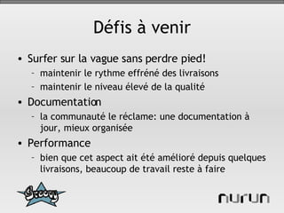 Défis à venir Surfer sur la vague sans perdre pied! maintenir le rythme effréné des livraisons maintenir le niveau élevé de la qualité Documentation la communauté le réclame: une documentation à jour, mieux organisée Performance bien que cet aspect ait été amélioré depuis quelques livraisons, beaucoup de travail reste à faire 