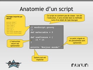 Anatomie d’un script // monScript.groovy //  def maVariable = 3 def uneClosure = {  it * it } println ‘Bonjour monde!’ L’instruction return est optionnelle Packages importés par défaut: groovy.lang.* groovy.util.* java.lang.* java.util.* java.io.* java.net.* Java.math.BigDecimal Java.math.BigInteger Le point virgule et les paranthèses sont  optionnels System.out est implicite Ce script ne contient pas de classe:  lors de l’exécution, il sera enrobé dans la méthode run() d’un objet de type  Script 