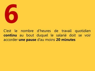 6 
C’est le nombre d’heures de travail quotidien 
continu au bout duquel le salarié doit se voir 
accorder une pause d’au moins 20 minutes 
 