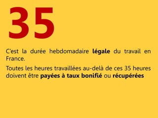 35 
C’est la durée hebdomadaire légale du travail en 
France. 
Toutes les heures travaillées au-delà de ces 35 heures 
doivent être payées à taux bonifié ou récupérées 
 
