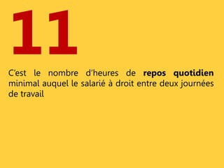 11 
C’est le nombre d’heures de repos quotidien 
minimal auquel le salarié à droit entre deux journées 
de travail 
 
