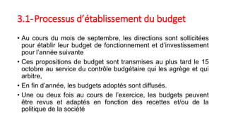 3.1-Processus d’établissement du budget
• Au cours du mois de septembre, les directions sont sollicitées
pour établir leur budget de fonctionnement et d’investissement
pour l’année suivante
• Ces propositions de budget sont transmises au plus tard le 15
octobre au service du contrôle budgétaire qui les agrège et qui
arbitre,
• En fin d’année, les budgets adoptés sont diffusés.
• Une ou deux fois au cours de l’exercice, les budgets peuvent
être revus et adaptés en fonction des recettes et/ou de la
politique de la société
 