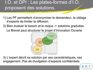 1) Les PF permettent d’anonymiser le demandeur, le ciblage
d’experts de limiter la diffusion.
2) Bien évaluer le besoin et le risque -> solutions graduées
Le Brevet peut structurer le projet d’Innovation Ouverte
3) L’expert décrit sa solution par ses caractéristiques, ses
engagement. Pas de divulgation d’aspects confidentiels.
I.O. et DPI : Les plates-formes d’I.O.
proposent des solutions.
 