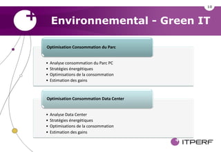 10



    Environnemental - Green IT

Optimisation Consommation du Parc


•   Analyse consommation du Parc PC
•   Stratégies énergétiques
•   Optimisations de la consommation
•   Estimation des gains



Optimisation Consommation Data Center


•   Analyse Data Center
•   Stratégies énergétiques
•   Optimisations de la consommation
•   Estimation des gains
 