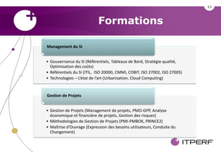 11



                            Formations

Management du SI


• Gouvernance du SI (Référentiels, Tableaux de Bord, Stratégie qualité,
  Optimisation des coûts)
• Référentiels du SI (ITIL, ISO 20000, CMMI, COBIT, ISO 27002, ISO 27005)
• Technologies – L’état de l’art (Urbanisation, Cloud Computing)


Gestion de Projets


• Gestion de Projets (Management de projets, PMO-GPP, Analyse
  économique et financière de projets, Gestion des risques)
• Méthodologies de Gestion de Projets (PMI-PMBOK, PRINCE2)
• Maîtrise d’Ouvrage (Expression des besoins utilisateurs, Conduite du
  Changement)
 