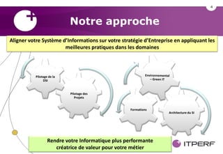 4



                            Notre approche
Aligner votre Système d’Informations sur votre stratégie d’Entreprise en appliquant les
                       meilleures pratiques dans les domaines




           Pilotage de la
                DSI


                            Pilotage des
                               Projets


                                                    Formations
                                                                   Architecture du SI




                   Rendre votre Informatique plus performante
                      créatrice de valeur pour votre métier
 