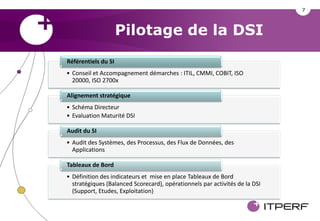 7



                     Pilotage de la DSI
Référentiels du SI
• Conseil et Accompagnement démarches : ITIL, CMMI, COBIT, ISO
  20000, ISO 2700x

Alignement stratégique
• Schéma Directeur
• Evaluation Maturité DSI

Audit du SI
• Audit des Systèmes, des Processus, des Flux de Données, des
  Applications

Tableaux de Bord
• Définition des indicateurs et mise en place Tableaux de Bord
  stratégiques (Balanced Scorecard), opérationnels par activités de la DSI
  (Support, Etudes, Exploitation)
 