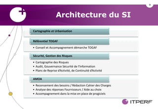 9



                  Architecture du SI

Cartographie et Urbanisation


Référentiel TOGAF
• Conseil et Accompagnement démarche TOGAF

Sécurité, Gestion des Risques
• Cartographie des Risques
• Audit, Gouvernance Sécurité de l’Information
• Plans de Reprise d’Activité, de Continuité d’Activité

AMOA
• Recensement des besoins / Rédaction Cahier des Charges
• Analyse des réponses Fournisseurs / Aide au choix
• Accompagnement dans la mise en place de progiciels
 