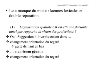 Journées ITEEC – Montpellier, 15-16 Mars 2012



• Le « manque du mot » : lacunes lexicales et
  double réparation

  (1) Organisation spatiale CB est elle satisfaisante
 aussi par rapport à la vision des projections ?
 Oui. Suggestion d’investissement dans …
 changement orientation du regard
   geste de haut en bas
 … « un écran géant »
 changement orientation du regard
 