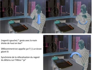 (regard à gauche) * geste avec la main
droite de haut en bas*

DRDcomment>on appelle ça<? (-) un écran
géant là

Synchronie de la réfocalisation du regard
du détenu sur l'IWeur "ça"
 